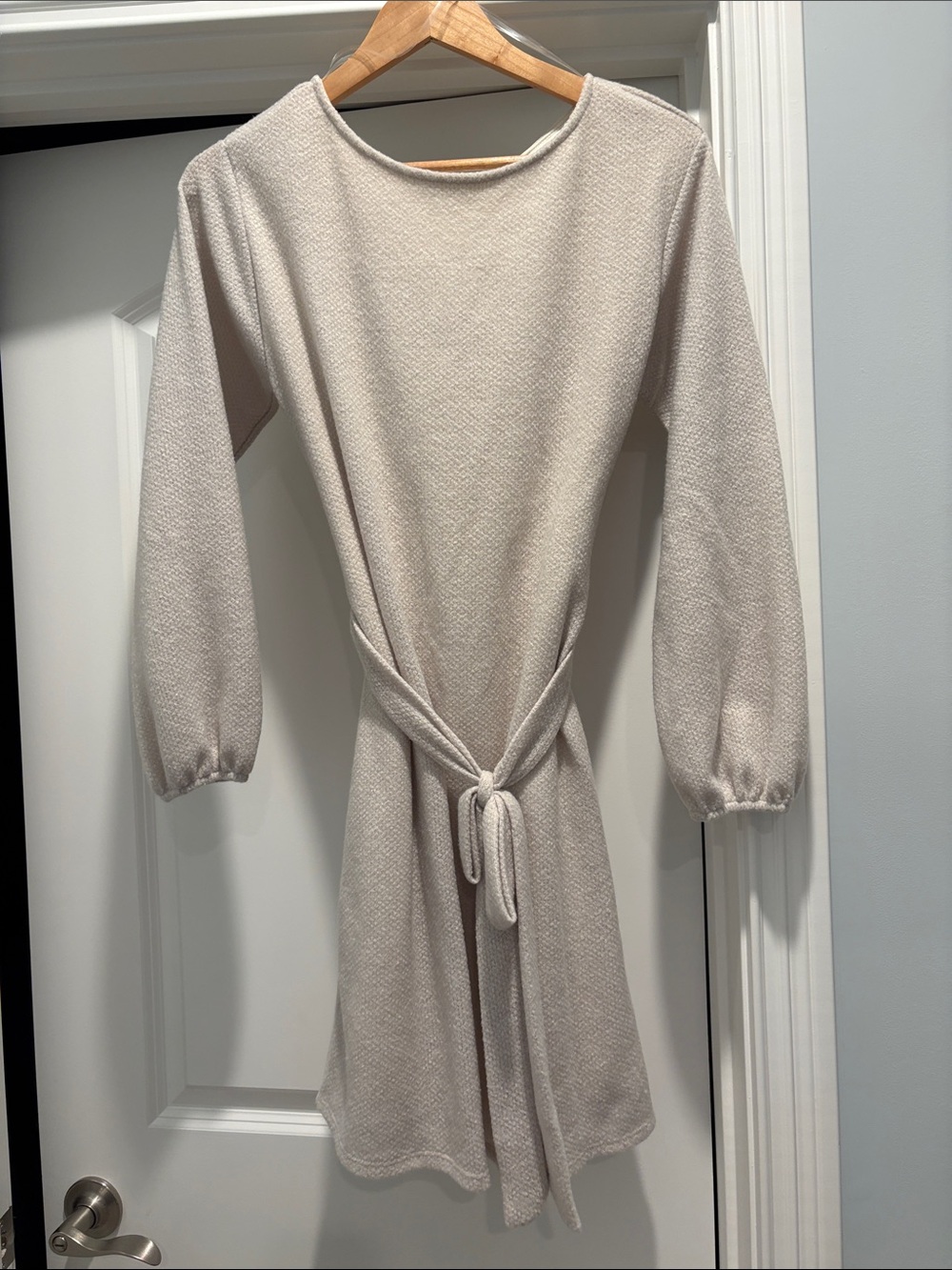 Tie-Waist Long Sleeve Textured Cream Dress